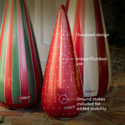 Three colorful outdoor lights with Funboy branding, labeled for oversized design, indoor/outdoor use, and ground stakes included.